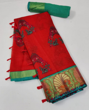 Red color soft linen cotton saree with zari weaving border