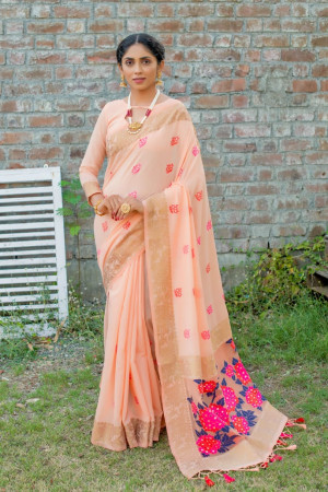 Peach color soft chanderi cotton saree with contrast woven work