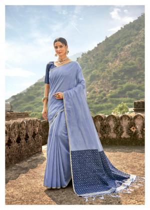 Pale blue color metallic linen saree with silver zari border