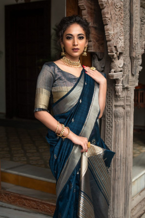 Navy blue color tussar silk weaving saree with zari woven butti