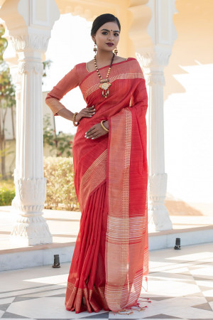 Red color tussar silk saree with zari weaving border