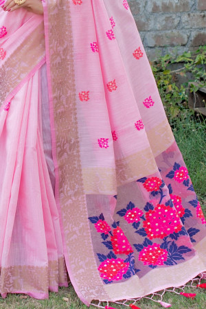 Baby pink color soft chanderi cotton saree with contrast woven work