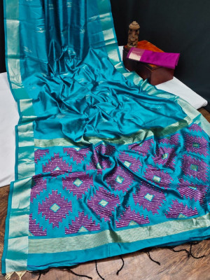 Firoji color raw silk saree with sequence woven pallu