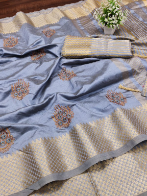 Gray color assam silk saree with embroidery work