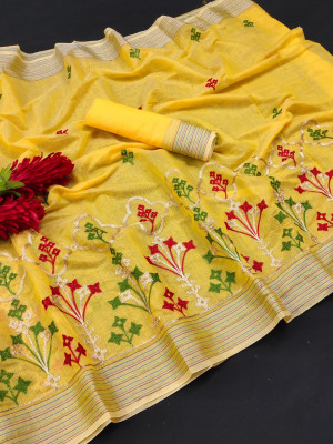 Yellow color linen silk saree with embroidery work