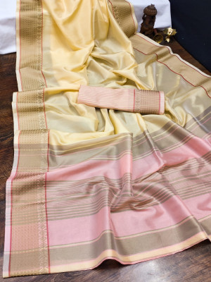 Yellow color organza silk saree with woven work