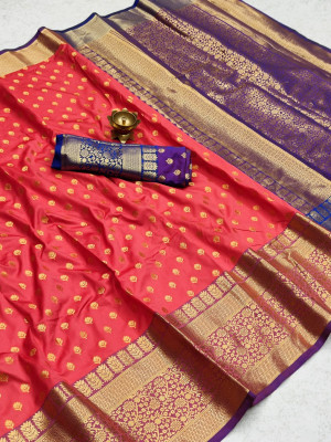 Gajari color soft banarasi silk saree with zari woven rich pallu and border