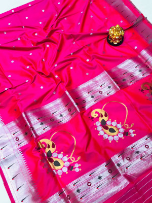 Rani pink color soft paithani silk saree with silver zari weaving work