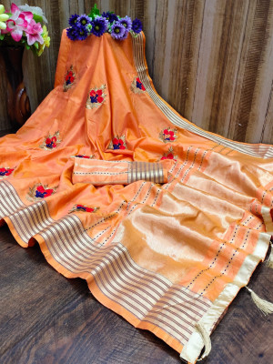 Dark peach color soft assam silk saree with embroidery work