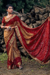 Brwon and maroon color hand bandhej bandhani silk saree with zari weaving work