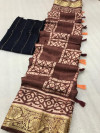Peach color dola silk saree with weaving work