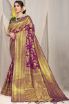 Magenta color banarasi silk saree with golden zari weaving work