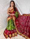 Green and maroon color hand bandhej bandhani silk saree with zari weaving work