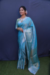 Firoji color muslin silk saree with zari weaving work