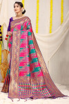 Rama green and pink color banarasi silk sare with zari weaving work