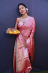 Pink color muslin silk saree with zari weaving work