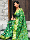 Green color bandhani silk saree with khadi printed work