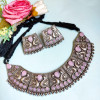 Light Pink Stone Studded Silver Oxidised Necklace With Earring Set