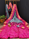 Gray and pink color soft bandhani silk  saree with khadi printed work