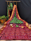 Mehandi green and maroon color soft bandhani silk  saree with khadi printed work