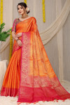 Orange color fancy silk saree with golden zari weaving work