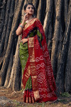 Green and maroon color hand bandhej bandhani silk saree with zari weaving work