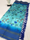 Sae green and royal blue color soft cotton silk saree with printed work