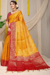 Yellow color fancy silk saree with golden zari weaving work