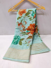 Sea green color linen cotton saree with printed work