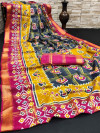 Gray and pink color cotton saree with patola printed work