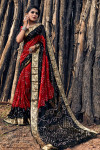 Red and black color hand bandhej bandhani silk saree with zari weaving work