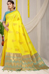Lemon yellow color banarasi silk saree with zari weaving work