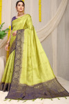 Parrot green color kora muslin silk saree with zari weaving work