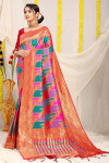 Green and pink color banarasi silk sare with zari weaving work