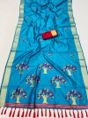 Firoji color soft raw silk saree with woven design