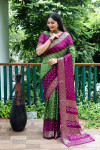 Mahendi Green and purple color bandhej silk saree with zari weaving work