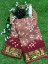 Chiku and maroon color soft bandhani saree with hand bandhej print