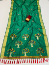 Green color soft raw silk saree with woven design