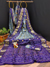 Gray and blue color soft bandhani silk  saree with khadi printed work