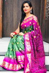 Mehndi green and rani pink color bandhani silk saree with khadi printed work