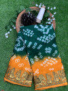 Green and yellow color soft bandhani saree with hand bandhej print