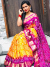 Orange and purple color bandhani silk saree with khadi printed work