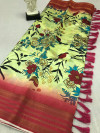 Light yellow and pink color soft silk saree with printed work