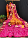 Orange and pink color soft bandhani silk  saree with khadi printed work
