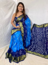 Sky blue and navy blue color hand bandhej bandhani silk saree with zari weaving work