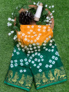 Yellow and green color soft bandhani saree with hand bandhej print