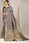 Gray and black color kanchipuram silk saree with zari woven work