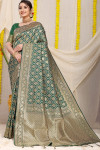Green color kanchipuram silk saree with golden zari weaving work
