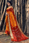 Orange and maroon color hand bandhej bandhani silk saree with zari weaving work