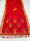 Red color soft raw silk saree with woven design